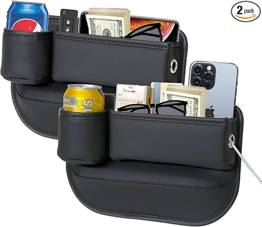 2 Packs Car Seat Gap Filler Organizer, Car Seat Organizer, Seat Gap Storage Box with Cup Holders for Drink, Car Leather Cup Holder Gap Bag Front Seat for Phone, Sunglasses,Keys(Left+Right Side)