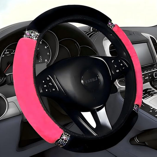 Fluffy Steering Wheel Cover, Universal 15 Inch Colorful Rhinestones Car Steering Wheel Cover, Sparkly Crystal Diamond Steering Wheel Protector for Women Girls,Rose Red