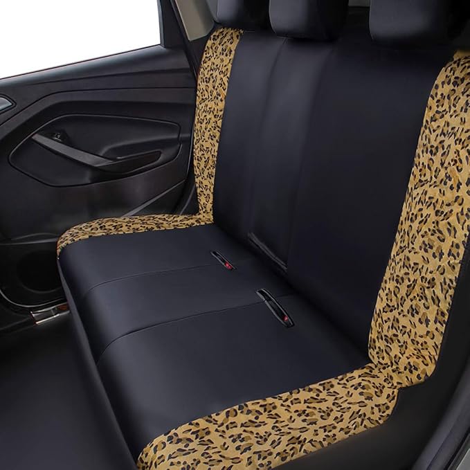 Flying Banner car seat Covers Protects Leopard Printing Velvet Faux Leather Carbon Fiber Front and Rear Bench (Leopard Brown Black, Full Set - 8PCS)