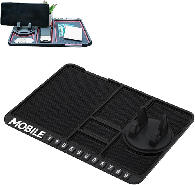 Anti-Slip Mat with Mobile Phone Holder, 4 in 1 Mobile Phone Anti Slip Pad, Dashboard Cell Phone Holder, with Temporary Parking Number, Detachable & Washable (Black)