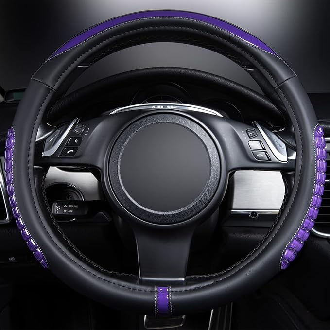 Flying Banner car Steering Wheel Cover Gel Massage Velvet Cool Warm Universal Size 15 inches SUV Truck Anti Slip Odorless Summer Winter (Black Purple, Gel Massage)