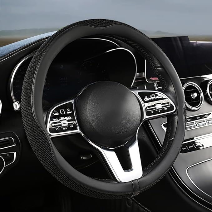 38cm Car Steering Wheel Cover, Universal 15 inch, Microfiber Breathable Ice Silk,Warm in Winter and Cool in Summer, Anti-Slip, Odorless, Easy Carry