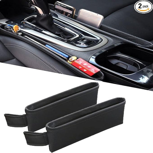 Tumecos Car Seat Pockets PU Leather Car Console Side Organizer Seat Catcher Holders Compatible with Phone Key Wallet Phone Sunglasses 2 Pack (Black)