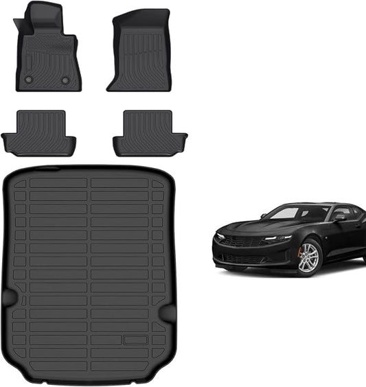 for Chevrolet/Chevy Camaro Floor Mats 2016-2024(SS/LS/LT/ZL1), TPE All Weather Custom Car Floor Mat 1st & 2nd Row & Cargo Trunk Liner Full Set for Chevy Camaro(Only for Coupe) Accessories 2016-2024