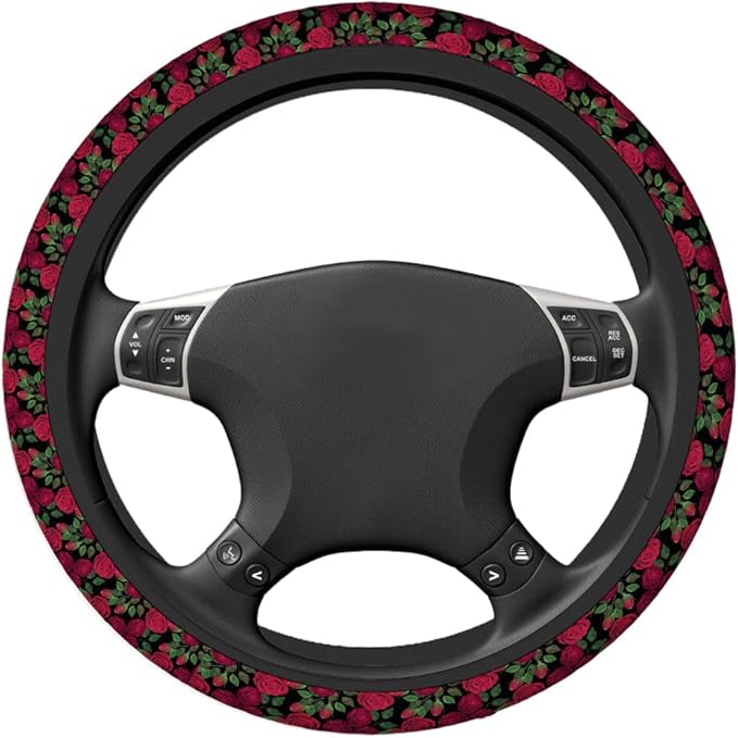 Swono Roses Red Car Steering Wheel Cover,Watercolor Red Roses with Green Leaves On The Black Safe Driving Anti-Slip Steering Wheel Covers Steering Wheel Protection Case No Smell Universal 15 Inch