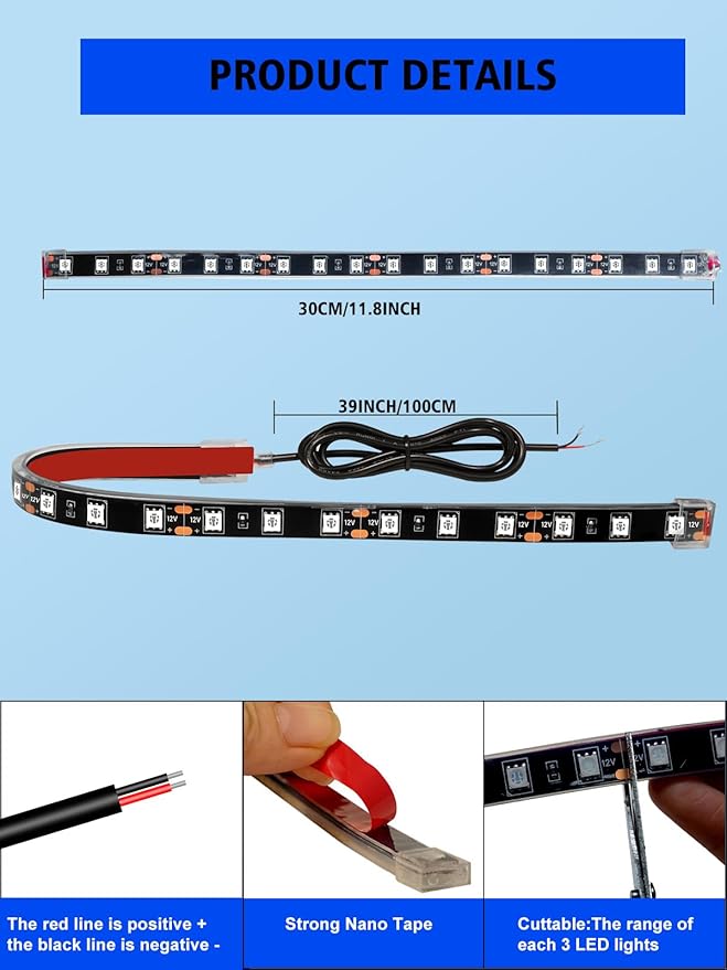 YM E-Bright 4Pcs Led Strip Lights for Car, 12inch Waterproof IP68 Car Underglow Strip Lights Decoration 18SMD 12V Led Interior Exterior Lights Strip for Cars Motorcycles Truck Golf Cart Boat - Red