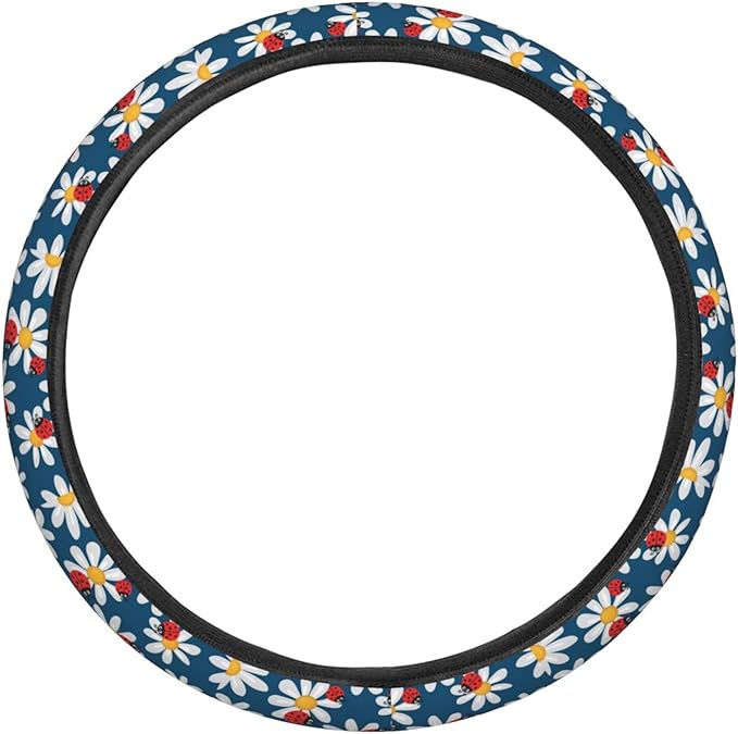 Dujiea Daisies with Ladybugs Elastic Stretch Steering Wheel Cover, Anti-Slip and Durable Car Steering Wheel Accessories for Women Men, 15 Inch Universal Fit Car, Truck, SUV