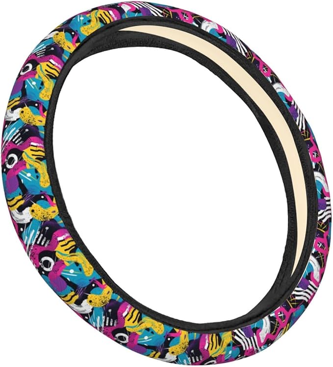 80s 90s Abstract Vintage Steering Wheel Covers Anti-Slip Elasticity Car Accessories Steering Wheel Protector Universal 15 Inch for Cars SUV Vehicle Truck