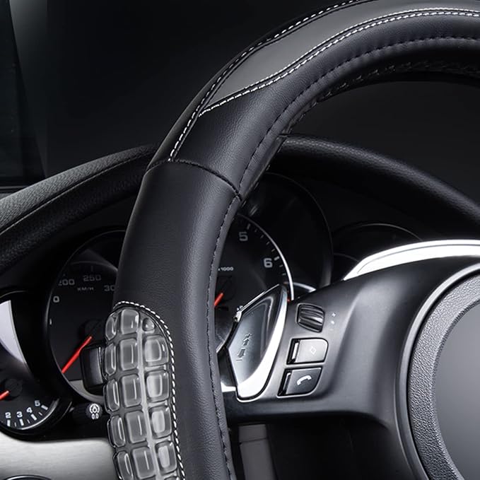 Flying Banner car Steering Wheel Cover Gel Massage Velvet Cool Warm Universal Size 15 inches SUV Truck Anti Slip Odorless Summer Winter (Black Gray, Gel Massage)