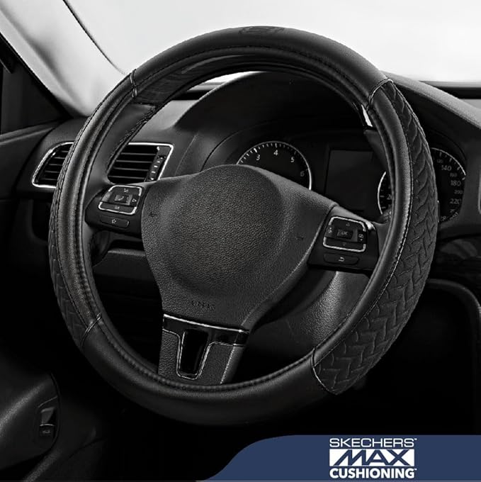 Skechers Steering Wheel Cover,Max Cushioning Leather Steering Wheel Cover Universal Fit 14" 1/2-15" Car Wheel Protector for Men Women Fit Suvs,Vans,Sedans,Car,Trucks,Black