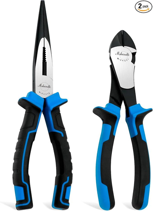 2 Pieces Plier Set, Including 8" Needle Nose Pliers and 7" Diagonal Cutting Pliers, Premium High Carbon Steel Construction for Plumbing, and General Applications Multi-use Tools Set