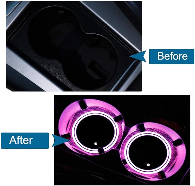 ACODABLEM 2 Pack LED Cup Holder Lights, Car Coaster with 7 Colors Changing USB Charging Mat, Luminescent Cup Pad Interior Atmosphere Lamp Decoration Light
