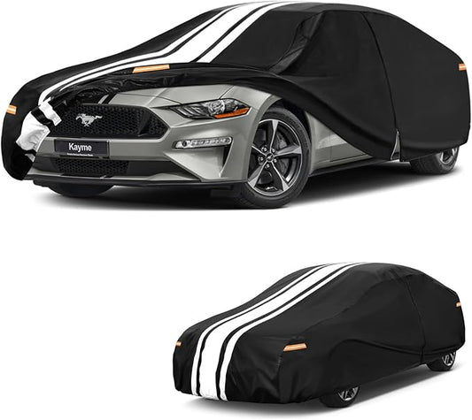 Kayme Heavy Duty Coupe Car Cover Waterproof All Weather for Automobiles, Outdoor Full Exterior Cover with Tape and Towel, Rain Snow Sun UV Protection, Fits Ford Mustang, Chevy Camaro etc.