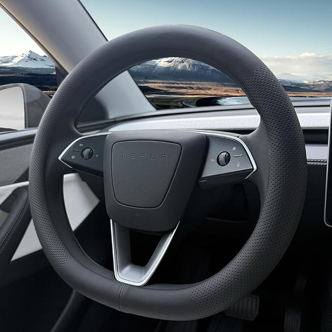 Tesla Model 3 and Model Y Steering Wheel Cover, Comfortable, Non-Slip, Breathable, Black Nappa Leather (Black)
