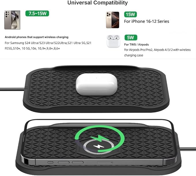 Wireless Car Charger Silicone Pad, for iPhone12/11 Pro/XS/XR/8/8Plus,15W Fast Car Wireless Charging Non-Slip Mat, for Samsung S21/S22/S23/S24/S25/Androids,80cm Cable, Black