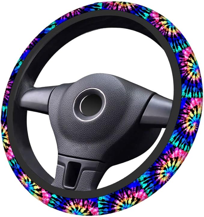 Swono Tie Dye Auto Car Steering Wheel Cover for Women Girls Rainbow Shibori Print 15 Inch Steering Wheel Protector Case,Fits for Automotive Car SUV Sedans