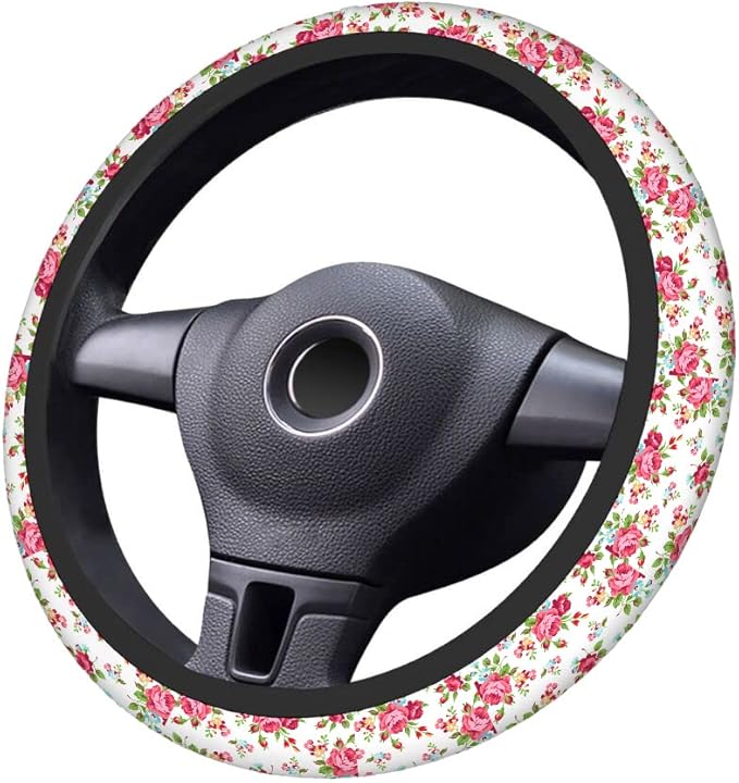 Swono Rose and Leaves Pink Car Steering Wheel Cover Universal 15 Inch with Grip Contours Beautiful Floral Pattern with Red Rose Neoprene Auto for Men and Women Non-Slip Breathable Soft