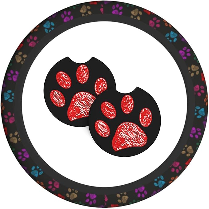 Paw Prints Steering Wheel Cover with 2 Car Coasters Non Slip Neoprene for Women Men Universal 15 Inch
