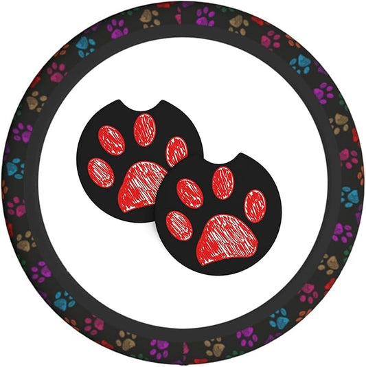 Paw Prints Steering Wheel Cover with 2 Car Coasters Non Slip Neoprene for Women Men Universal 15 Inch