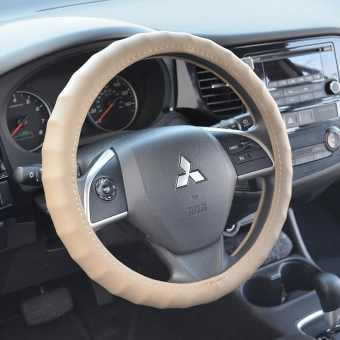 Motor Trend Ergonomic Grip Steering Wheel Cover/Protector for Small Size Steering Wheels in Cars, SUVs, Boats (13.5-14.5") (Genuine Leather (Beige))