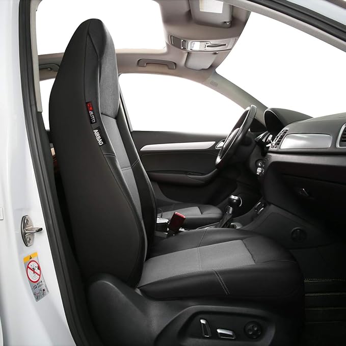 P&J AUTO Leather and Mesh High Back Car Seat Cover Full Set Integrated Bucket Seat Airbag Compatible (Grey)