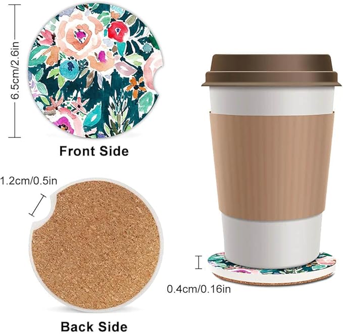 Water Color Floral Absorbent Cup Holders Car Coasters,Ceramic Stone Drinks Coaster Set for Women Man 2.56"(2 Pack)