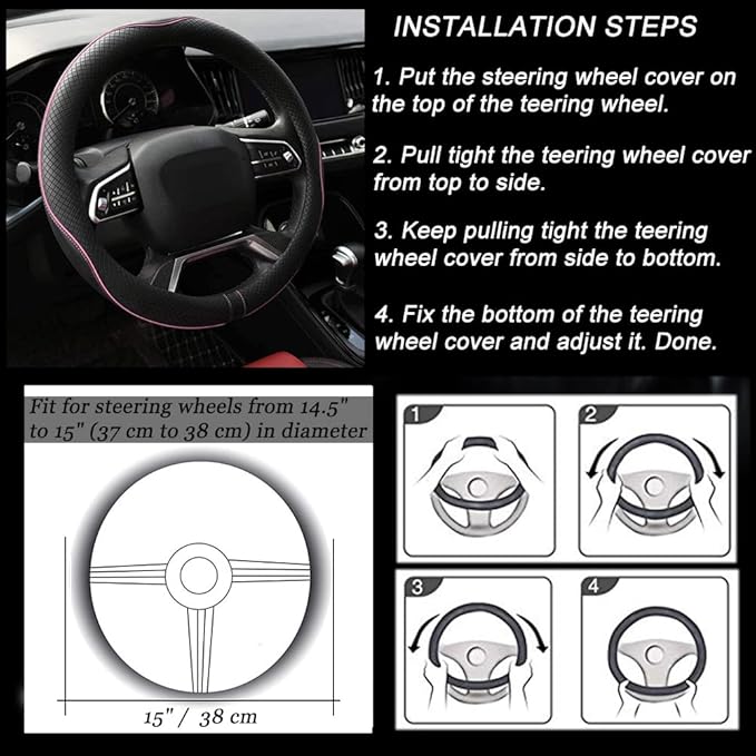 Rueesh Microfiber Leather Steering Wheel Cover Anti-Slip Matte Finish Auto Car Wheel Cover Universal 15 Inch Wheel Cover for Car Embossing Pattern (Pink Line)