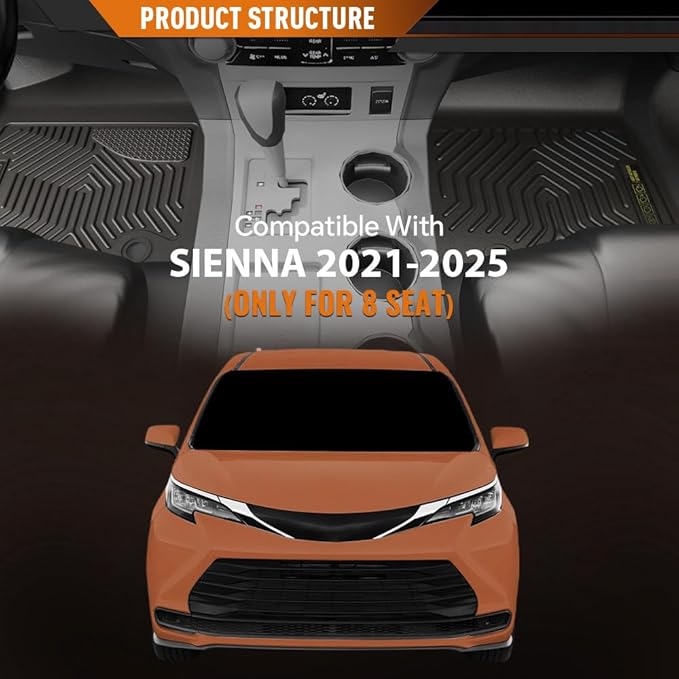 ANDPLAY TPE Floor Mats Liners Compatible with Toyota Sienna 2021 2022 2023 2024 2025 (Only for 8-Seat) All Weather Protection Black Floor Liners alfombras para carro