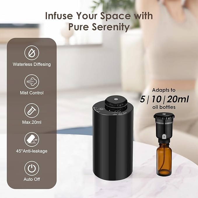 Waterless Diffuser for Essential Oil Nebulizer, 7 Colors LED Light, Battery Powered Mini Scent Air Machine, Aromatherapy Mist Diffuser for Home Room Car Office Black