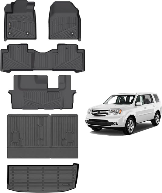 AIPOIL® Floor Mats & Cargo Liner Set for 2009-2015 Honda Pilot All Weather Protection TPE Anti-Slip Automotive Full Set Custom Car Mats Accessories - Black