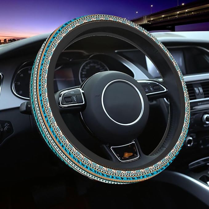 Tribal Ethnic Pattern with Horse Silhouette and Traditional Symbols Elastic Steering Wheel Cover Steering Wheel Cover Anti Slip Protective Case Universal Stretch Steering Protector