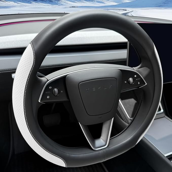 Tesla Model 3 and Model Y Steering Wheel Cover, Comfortable, Non-Slip, Breathable, Black and White Nappa Leather