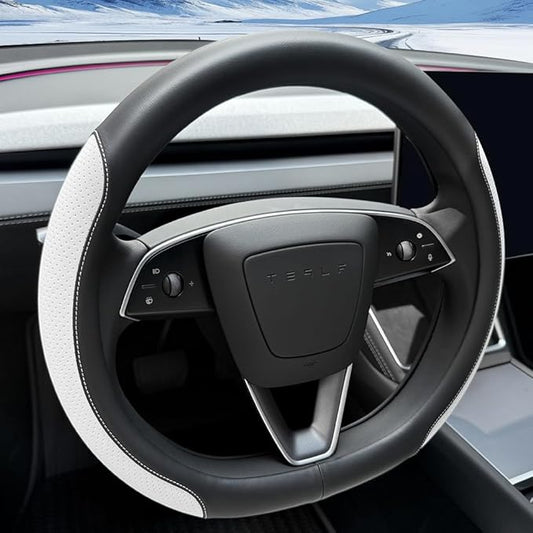 Tesla Model 3 and Model Y Steering Wheel Cover, Comfortable, Non-Slip, Breathable, Black and White Nappa Leather
