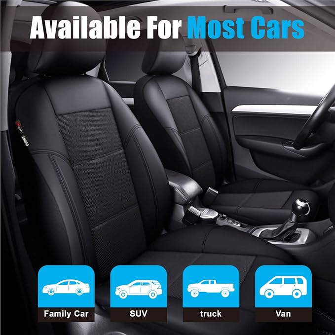 P&J AUTO Leather and Mesh Car Seat Cover Full Set in 9pcs Universal Fit for Cars Trucks Vans & SUVs Airbag Compatible (Black)