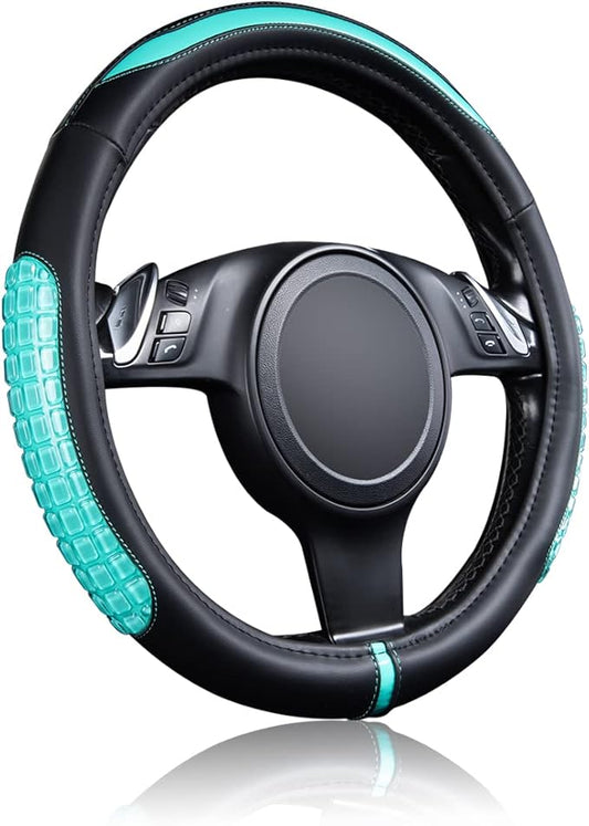 Flying Banner car Steering Wheel Cover Gel Massage Velvet Cool Warm Universal Size 15 inches SUV Truck Anti Slip Odorless Summer Winter (Black Mint Blue, Gel Massage)