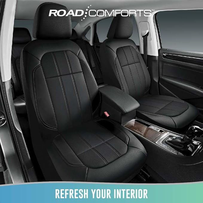 Road Comforts Car Seat Covers, Breathable Leather Seat Covers, Car Seat Covers Front Seats Airbag Compatible, Automotive Seat Covers for Most Cars, Vans, Trucks, SUV-Black