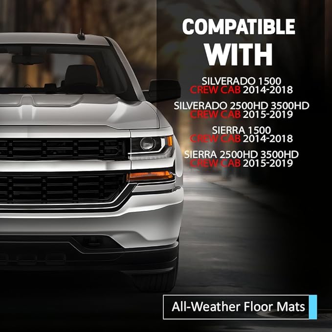 TPE Floor Mats Fit Chevy Silverado/GMC Sierra 1500 2014-2018 & 2500HD 3500HD 2015-2019 3PCS Crew Cab Truck Accessories Cargo Liners All Weather Protection Alfombra para Auto/Forro para Maletero