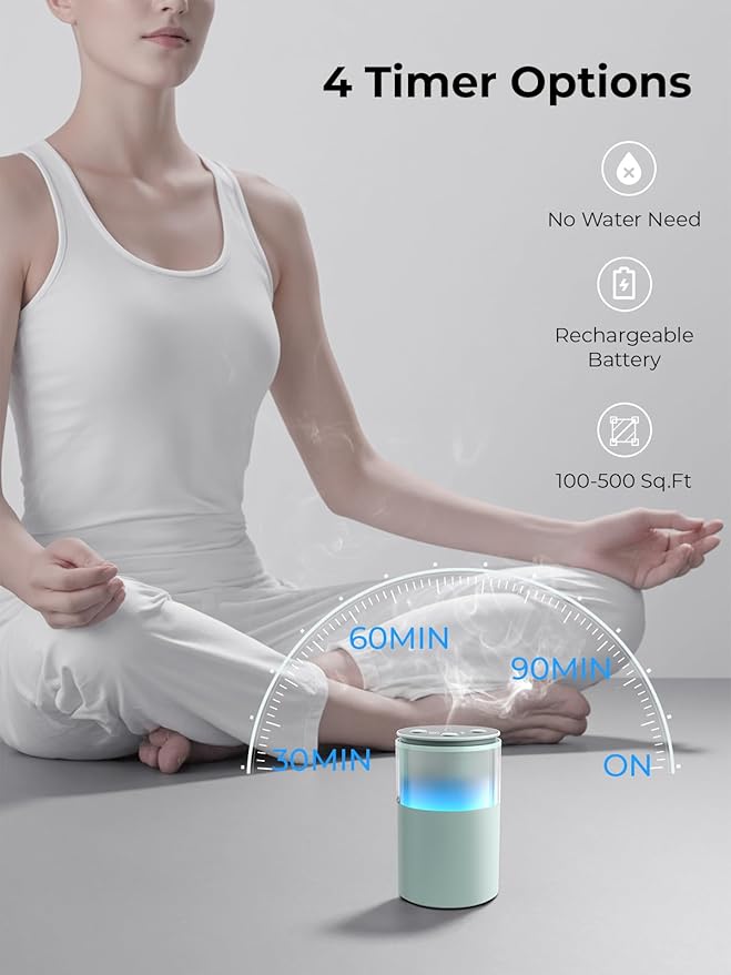 Waterless Diffuser for Essential Oil: Mini Battery Scent Diffuser for Room&Home&Car with 9 Colors LED Light - Aroma Cool Mist Light Cyan