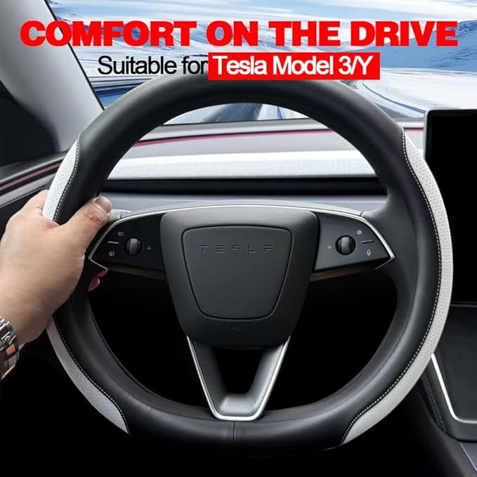 Tesla Model 3 and Model Y Steering Wheel Cover, Comfortable, Non-Slip, Breathable, Black and White Nappa Leather