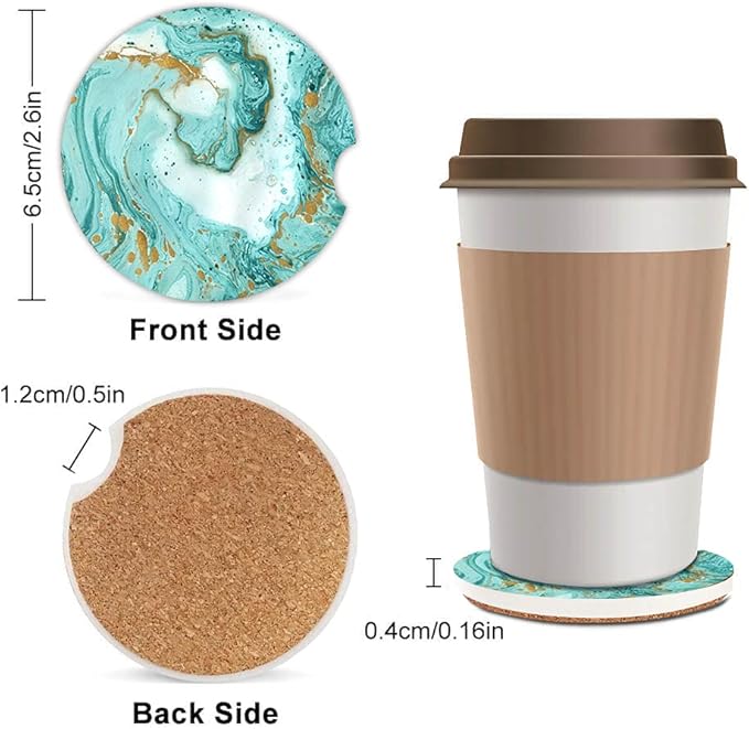 Turquoise Gold Marble Absorbent Cup Holders Car Coasters,Ceramic Stone Drinks Coaster Set for Women Man 2.56"(2 Pack)