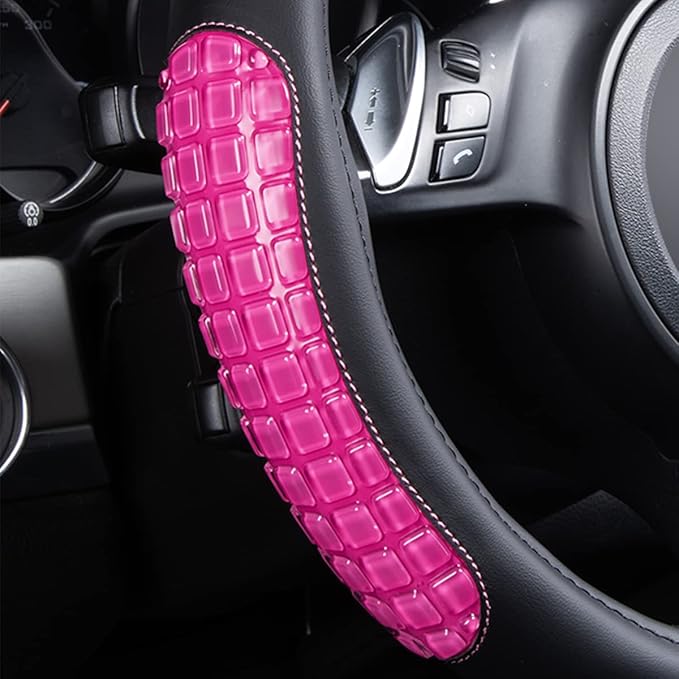 Flying Banner car Steering Wheel Cover Gel Massage Velvet Cool Warm Universal Size 15 inches SUV Truck Anti Slip Odorless Summer Winter (Black Pink, Gel Massage)