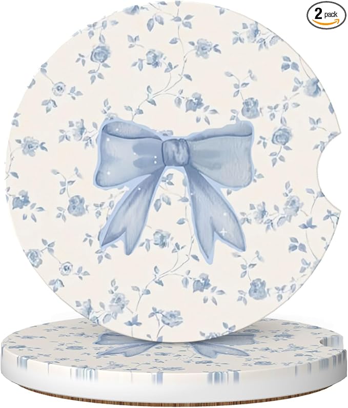 Absorbent Car Coasters for Cup Holders, 2 Pack Universal Anti Slip Ceramic Cup Coaster for Women Men 2.56 Inch Car Interior Accessories - Blue Bow Tie Flower