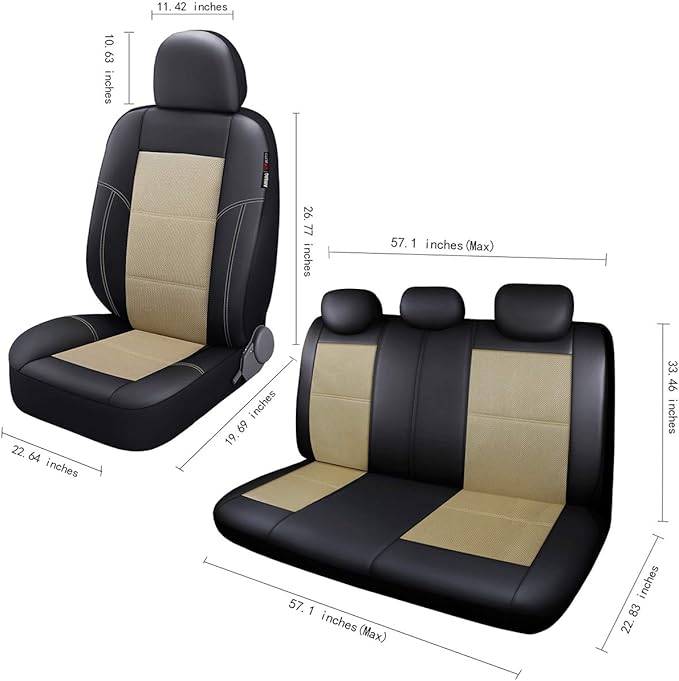 P&J AUTO Leather and Mesh Car Seat Cover Full Set in 9pcs Universal Fit for Cars Trucks Vans & SUVs Airbag Compatible (Beige)