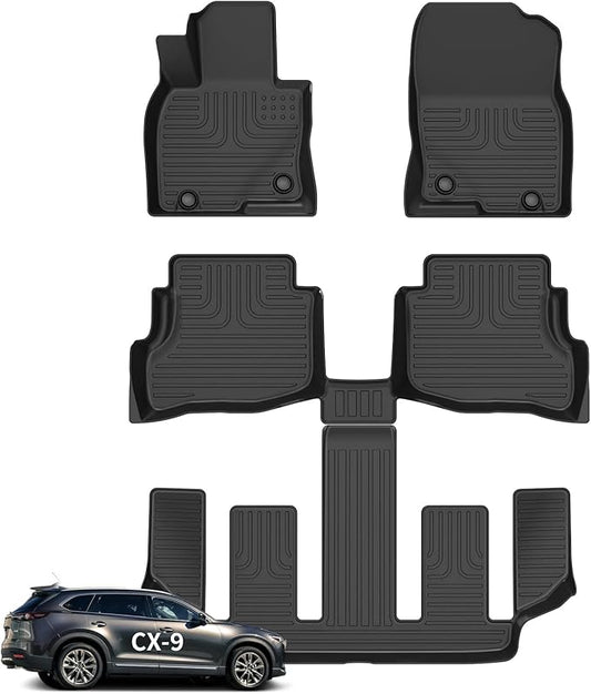 Wayhigh-All Weather Floor Mats Fit for 2020-2023 CX-9 6 (6 Passenger,The 2nd Row Bucket Seats Without Center Console) TPE Car Mats Waterproof Heavy Duty Rubber Floor Liners for CX9 Accessories