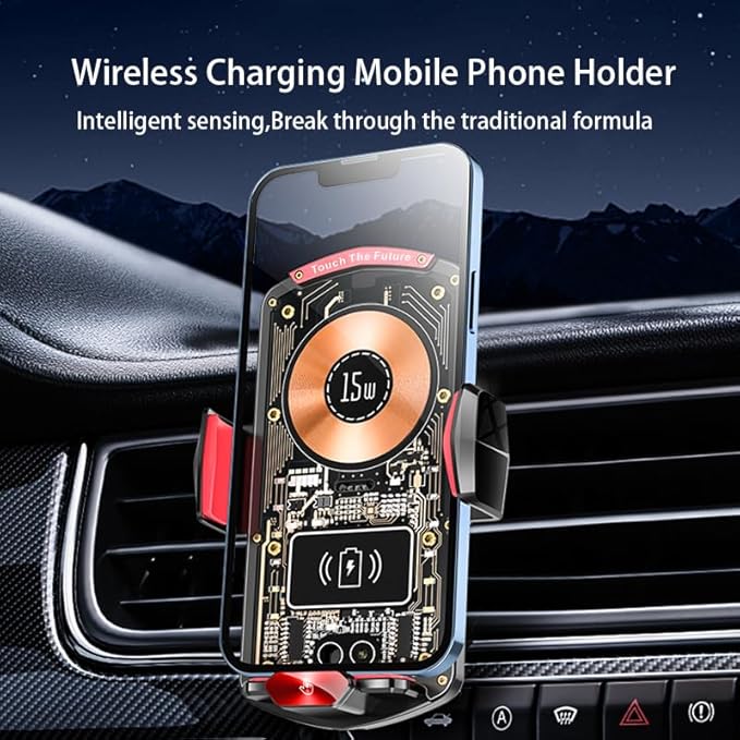 Wireless Car Charger Mount,Phone Holder,15W Fast Charging, Air Vent Clamp,Auto Clamping,360° Rotating Ball Joint,Transparent Case,Compatible with iPhone 16/15/14/13/12/11/10, Samsung Galaxy Series