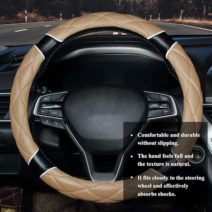 Steering Wheel Cover 15Inch Soft Microfiber Leather Fashion Anti-Slip Odorless Universal for Auto/Truck/SUV/Van (Beige-Black)