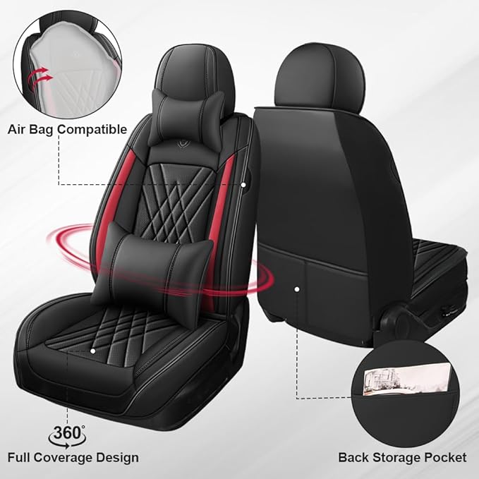 Seat Covers Fit for Subaru Crosstrek 2016-2026 Nappa Leather Waterproof Breathable Car Seat Cover, Easy to Install Airbag Compatibility, Auto Interior Accessories(Full Set with Pillow, Black Red)