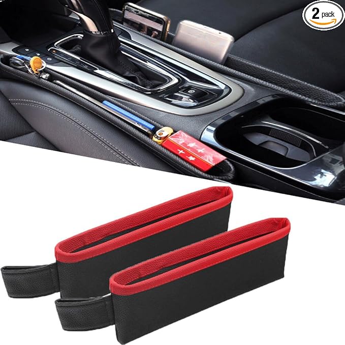 Tumecos Car Seat Pockets PU Leather Car Console Side Organizer Seat Catcher Holders Compatible with Phone Key Wallet Phone Sunglasses 2 Pack (Black+Red)