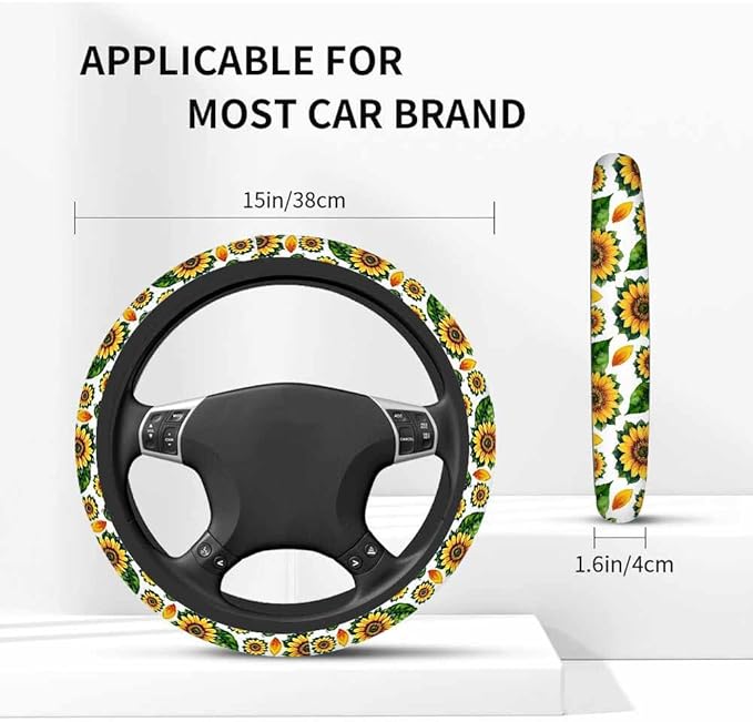Watercolor Sunflower with Yellow Petals and Green Leaves Steering Wheel Cover Steering Wheel Cover Women Men Anti-Slip Breathable Steering Wheel Protector Car Accessories