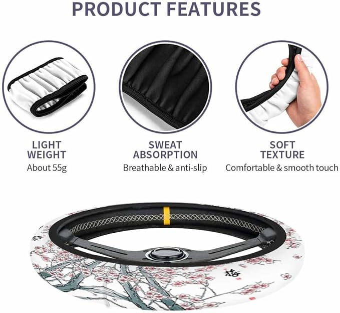 Plum Blossoms Steering Wheel Cover Branches and Pink Flowers Steering Wheel Cover for Women Men Anti-Slip Breathable Steering Wheel Protector Car Accessories